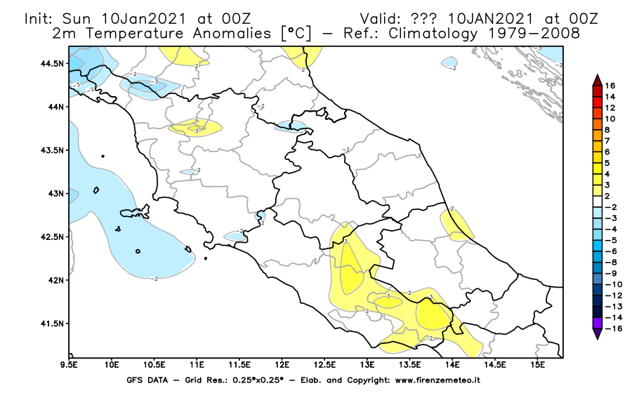 Mappa di analisi GFS - Anomalia Temperatura [°C] a 2 m in Centro-Italia
							del 10/01/2021 00 <!--googleoff: index-->UTC<!--googleon: index-->
