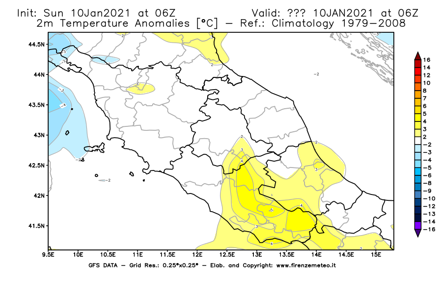 Mappa di analisi GFS - Anomalia Temperatura [°C] a 2 m in Centro-Italia
							del 10/01/2021 06 <!--googleoff: index-->UTC<!--googleon: index-->