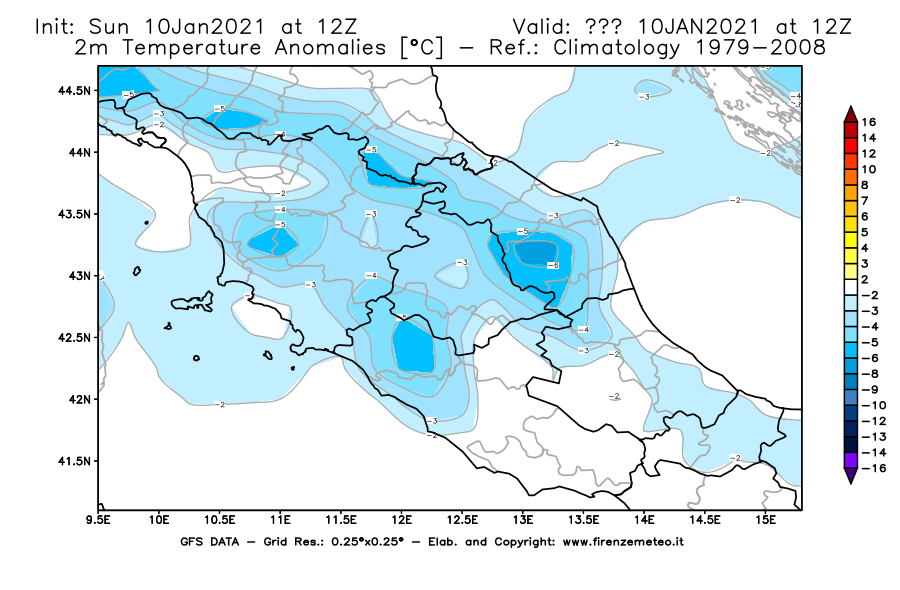 Mappa di analisi GFS - Anomalia Temperatura [°C] a 2 m in Centro-Italia
									del 10/01/2021 12 <!--googleoff: index-->UTC<!--googleon: index-->