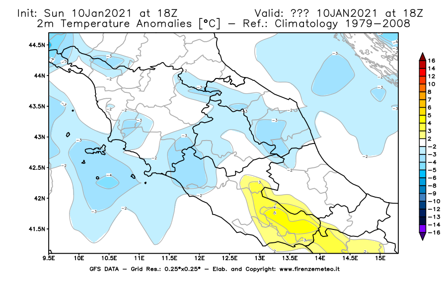 Mappa di analisi GFS - Anomalia Temperatura [°C] a 2 m in Centro-Italia
							del 10/01/2021 18 <!--googleoff: index-->UTC<!--googleon: index-->