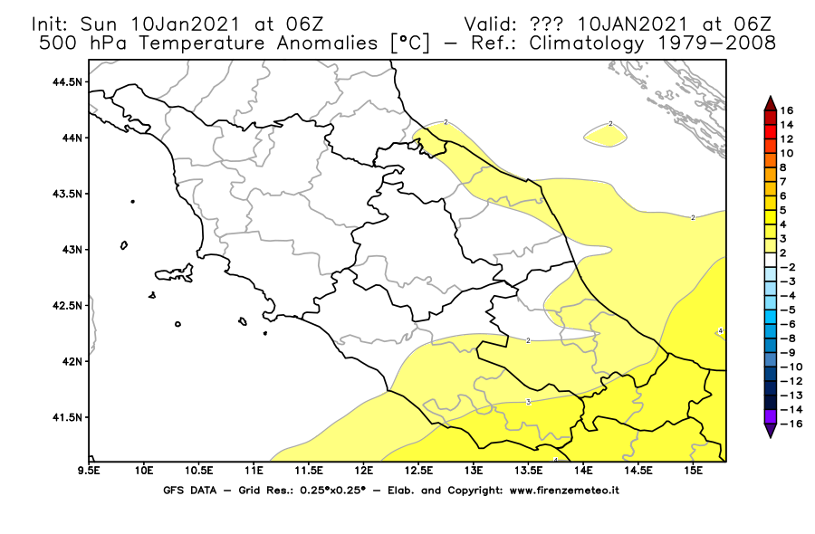 Mappa di analisi GFS - Anomalia Temperatura [°C] a 500 hPa in Centro-Italia
									del 10/01/2021 06 <!--googleoff: index-->UTC<!--googleon: index-->