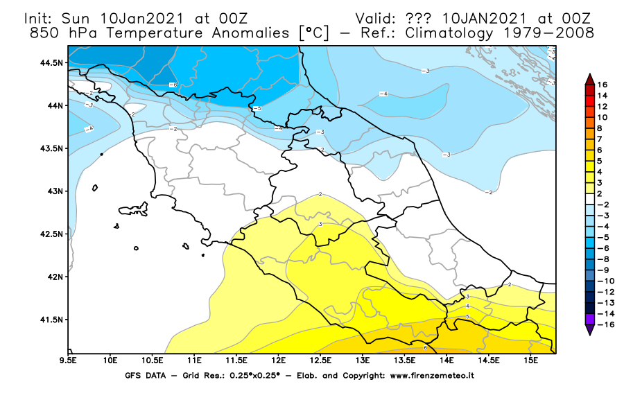 Mappa di analisi GFS - Anomalia Temperatura [°C] a 850 hPa in Centro-Italia
									del 10/01/2021 00 <!--googleoff: index-->UTC<!--googleon: index-->