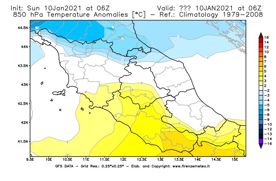 Mappa di analisi GFS - Anomalia Temperatura [°C] a 850 hPa in Centro-Italia
									del 10/01/2021 06 <!--googleoff: index-->UTC<!--googleon: index-->
