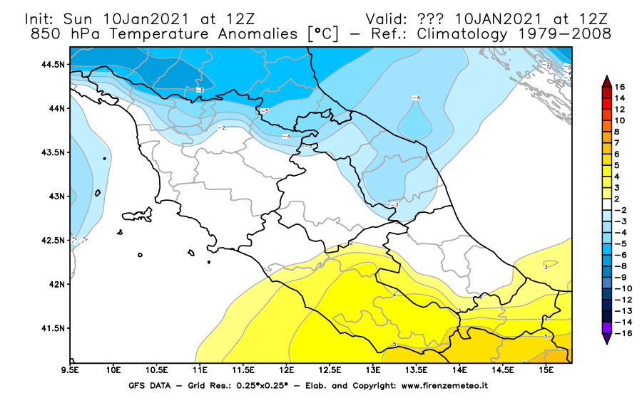 Mappa di analisi GFS - Anomalia Temperatura [°C] a 850 hPa in Centro-Italia
							del 10/01/2021 12 <!--googleoff: index-->UTC<!--googleon: index-->