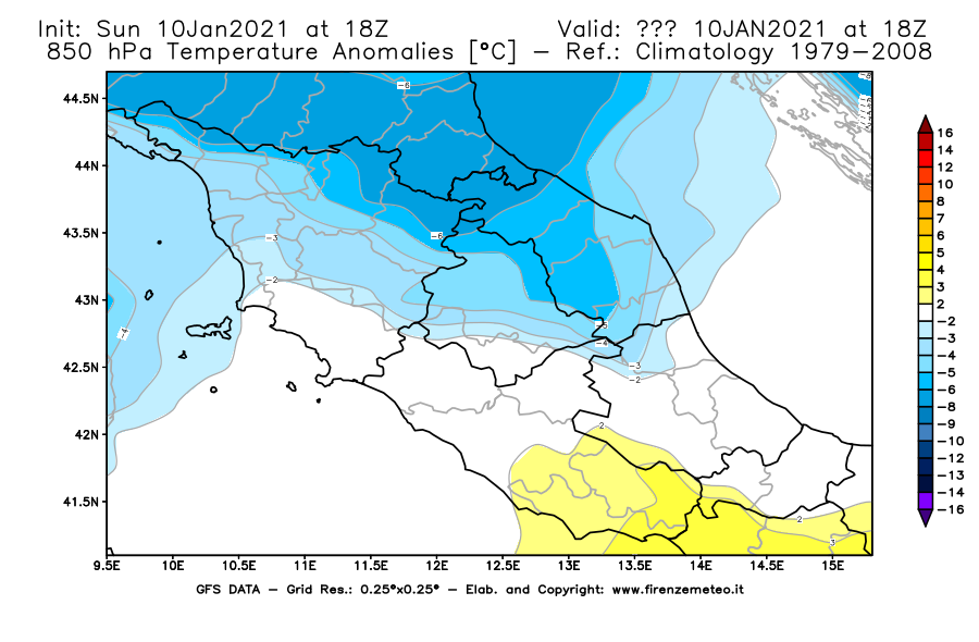 Mappa di analisi GFS - Anomalia Temperatura [°C] a 850 hPa in Centro-Italia
									del 10/01/2021 18 <!--googleoff: index-->UTC<!--googleon: index-->