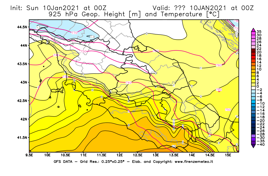 Mappa di analisi GFS - Geopotenziale [m] e Temperatura [°C] a 925 hPa in Centro-Italia
							del 10/01/2021 00 <!--googleoff: index-->UTC<!--googleon: index-->