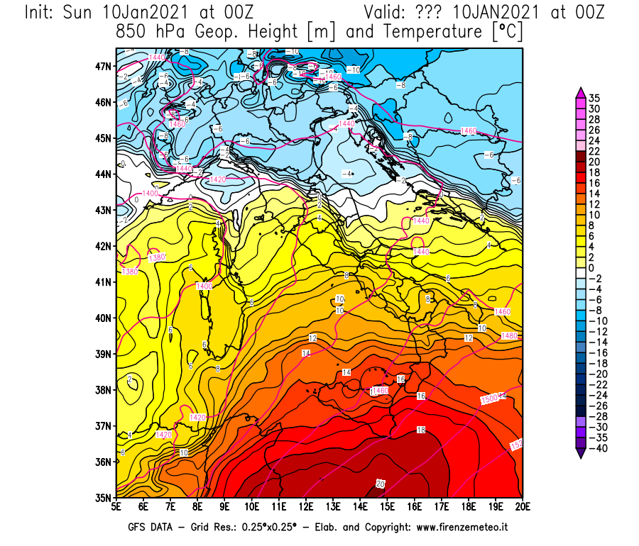 Mappa di analisi GFS - Geopotenziale [m] e Temperatura [°C] a 850 hPa in Italia
									del 10/01/2021 00 <!--googleoff: index-->UTC<!--googleon: index-->