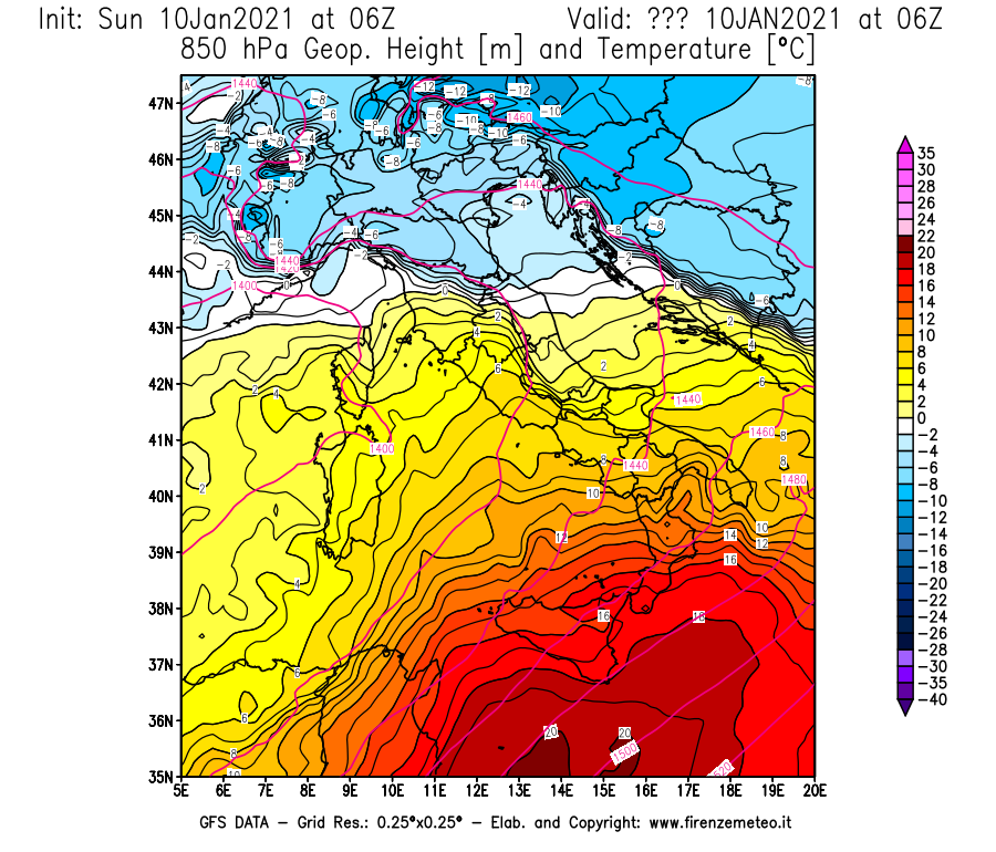 Mappa di analisi GFS - Geopotenziale [m] e Temperatura [°C] a 850 hPa in Italia
									del 10/01/2021 06 <!--googleoff: index-->UTC<!--googleon: index-->