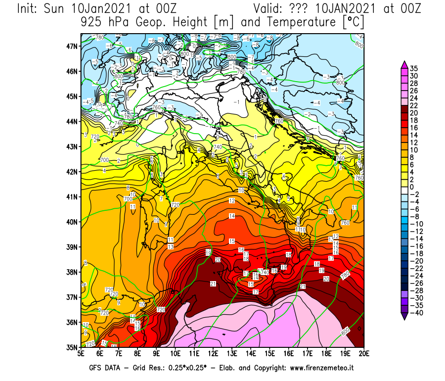 Mappa di analisi GFS - Geopotenziale [m] e Temperatura [°C] a 925 hPa in Italia
									del 10/01/2021 00 <!--googleoff: index-->UTC<!--googleon: index-->