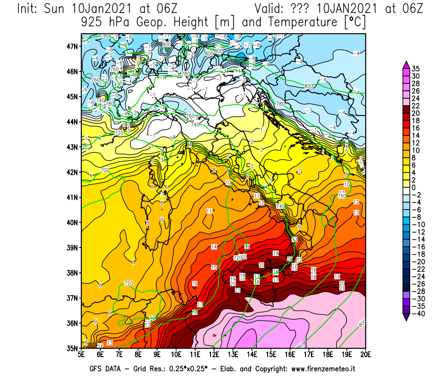 Mappa di analisi GFS - Geopotenziale [m] e Temperatura [°C] a 925 hPa in Italia
							del 10/01/2021 06 <!--googleoff: index-->UTC<!--googleon: index-->