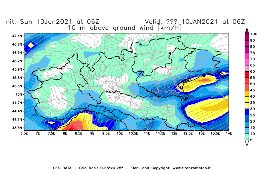 Mappa di analisi GFS - Velocità del vento a 10 metri dal suolo [km/h] in Nord-Italia
							del 10/01/2021 06 <!--googleoff: index-->UTC<!--googleon: index-->