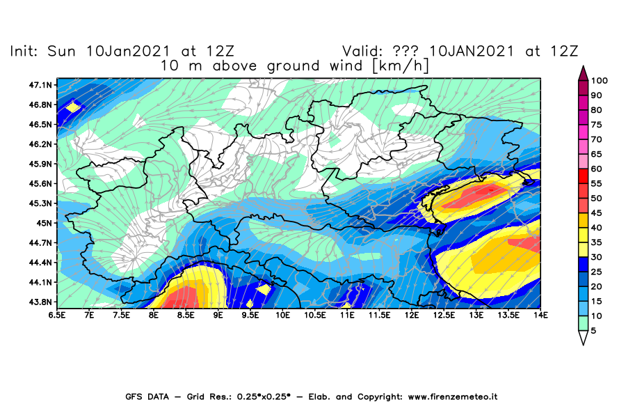 Mappa di analisi GFS - Velocità del vento a 10 metri dal suolo [km/h] in Nord-Italia
									del 10/01/2021 12 <!--googleoff: index-->UTC<!--googleon: index-->