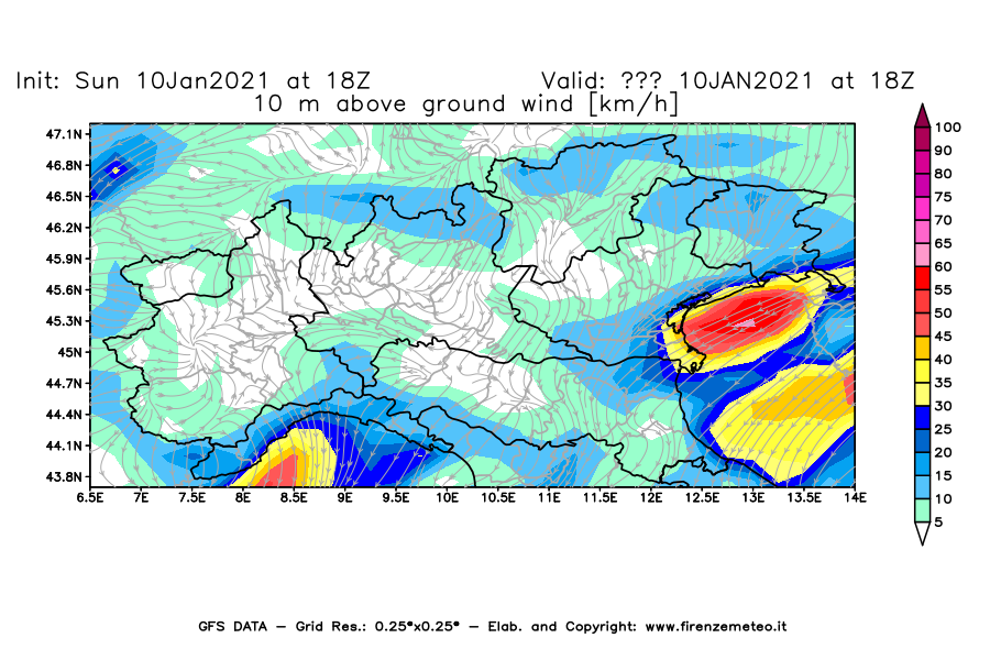 Mappa di analisi GFS - Velocità del vento a 10 metri dal suolo [km/h] in Nord-Italia
									del 10/01/2021 18 <!--googleoff: index-->UTC<!--googleon: index-->