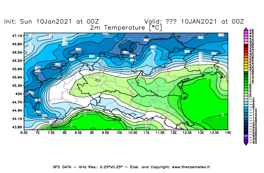 Mappa di analisi GFS - Temperatura a 2 metri dal suolo [°C] in Nord-Italia
							del 10/01/2021 00 <!--googleoff: index-->UTC<!--googleon: index-->