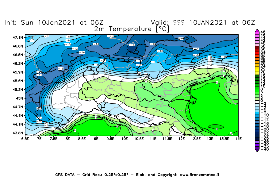 Mappa di analisi GFS - Temperatura a 2 metri dal suolo [°C] in Nord-Italia
									del 10/01/2021 06 <!--googleoff: index-->UTC<!--googleon: index-->