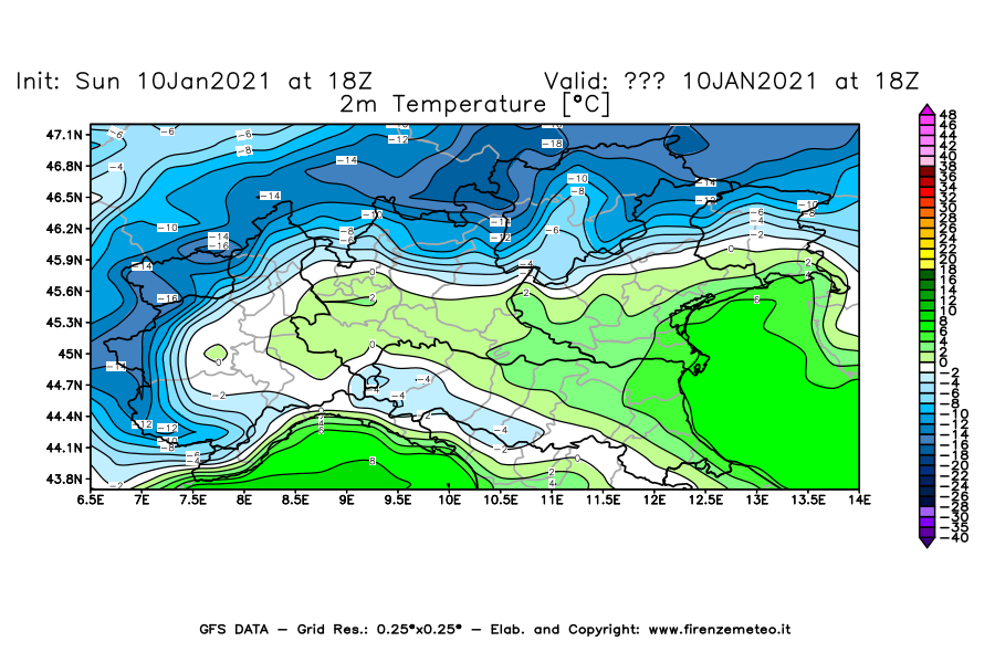 Mappa di analisi GFS - Temperatura a 2 metri dal suolo [°C] in Nord-Italia
									del 10/01/2021 18 <!--googleoff: index-->UTC<!--googleon: index-->