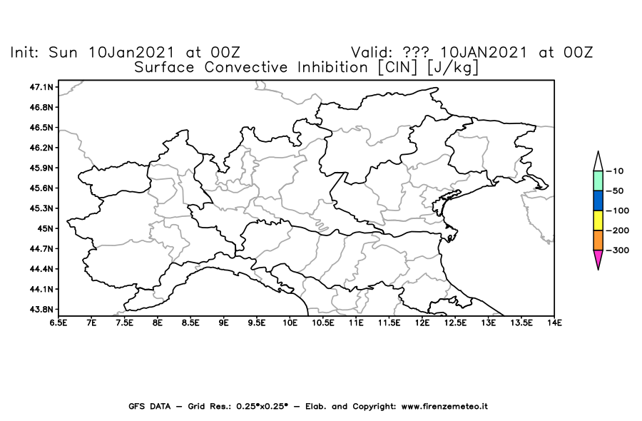Mappa di analisi GFS - CIN [J/kg] in Nord-Italia
									del 10/01/2021 00 <!--googleoff: index-->UTC<!--googleon: index-->