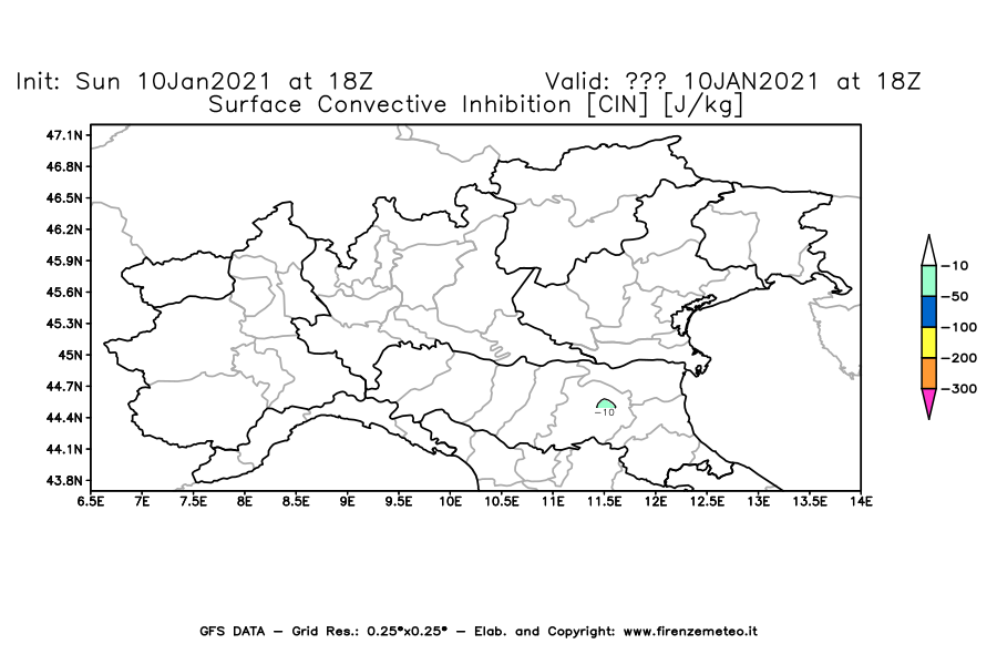 Mappa di analisi GFS - CIN [J/kg] in Nord-Italia
							del 10/01/2021 18 <!--googleoff: index-->UTC<!--googleon: index-->