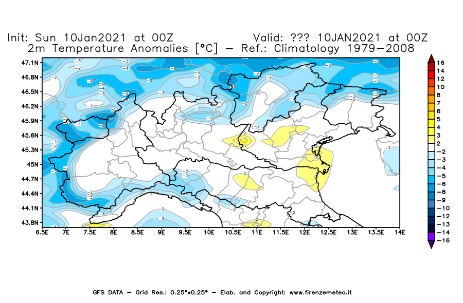 Mappa di analisi GFS - Anomalia Temperatura [°C] a 2 m in Nord-Italia
									del 10/01/2021 00 <!--googleoff: index-->UTC<!--googleon: index-->