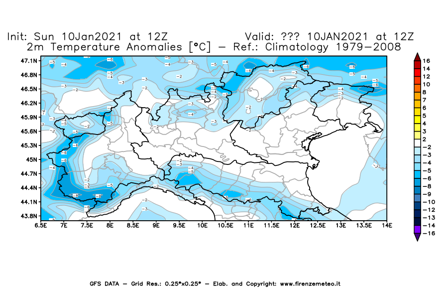 Mappa di analisi GFS - Anomalia Temperatura [°C] a 2 m in Nord-Italia
									del 10/01/2021 12 <!--googleoff: index-->UTC<!--googleon: index-->