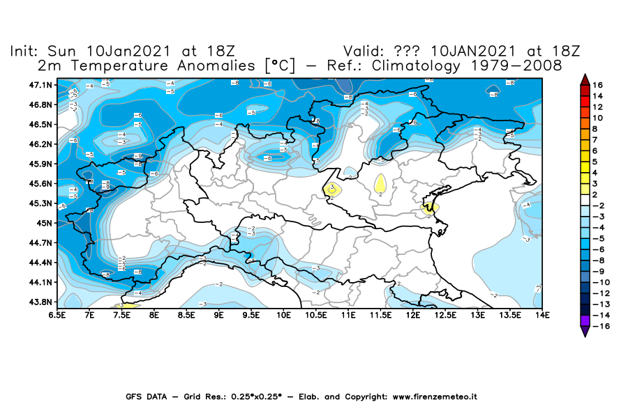 Mappa di analisi GFS - Anomalia Temperatura [°C] a 2 m in Nord-Italia
									del 10/01/2021 18 <!--googleoff: index-->UTC<!--googleon: index-->