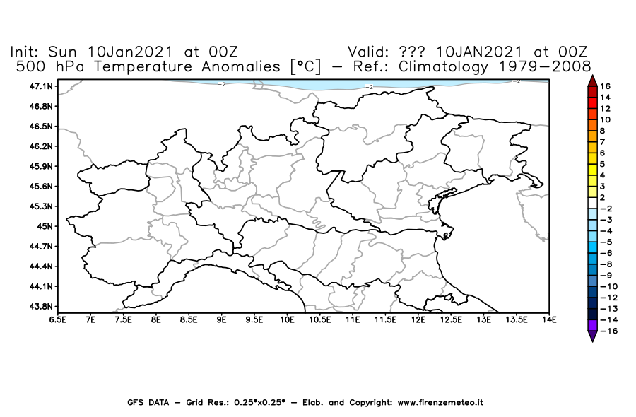 Mappa di analisi GFS - Anomalia Temperatura [°C] a 500 hPa in Nord-Italia
									del 10/01/2021 00 <!--googleoff: index-->UTC<!--googleon: index-->
