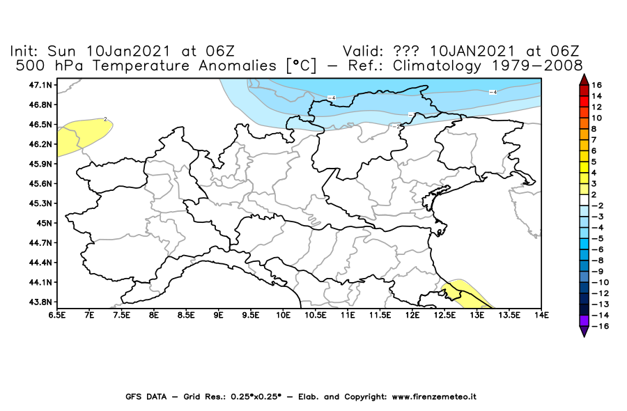Mappa di analisi GFS - Anomalia Temperatura [°C] a 500 hPa in Nord-Italia
									del 10/01/2021 06 <!--googleoff: index-->UTC<!--googleon: index-->