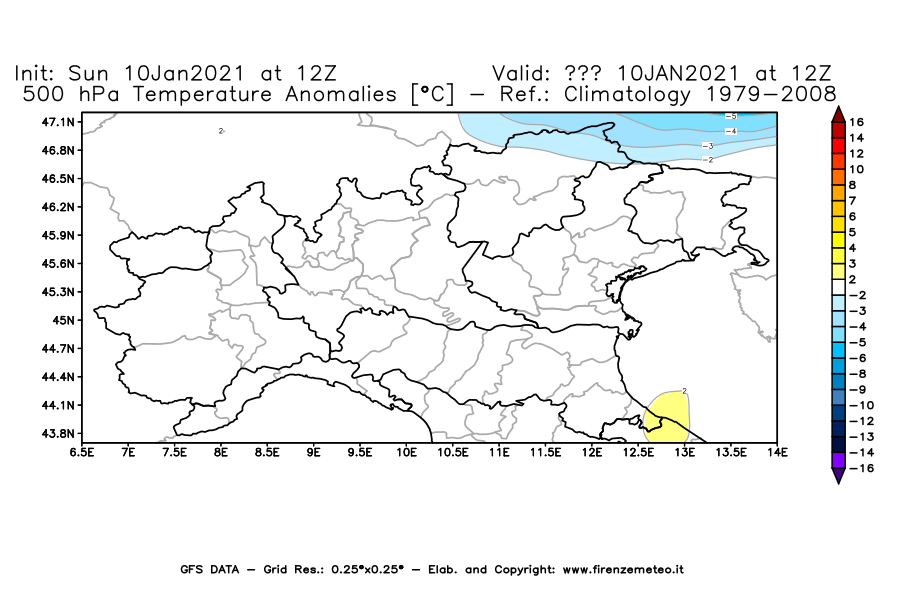 Mappa di analisi GFS - Anomalia Temperatura [°C] a 500 hPa in Nord-Italia
									del 10/01/2021 12 <!--googleoff: index-->UTC<!--googleon: index-->