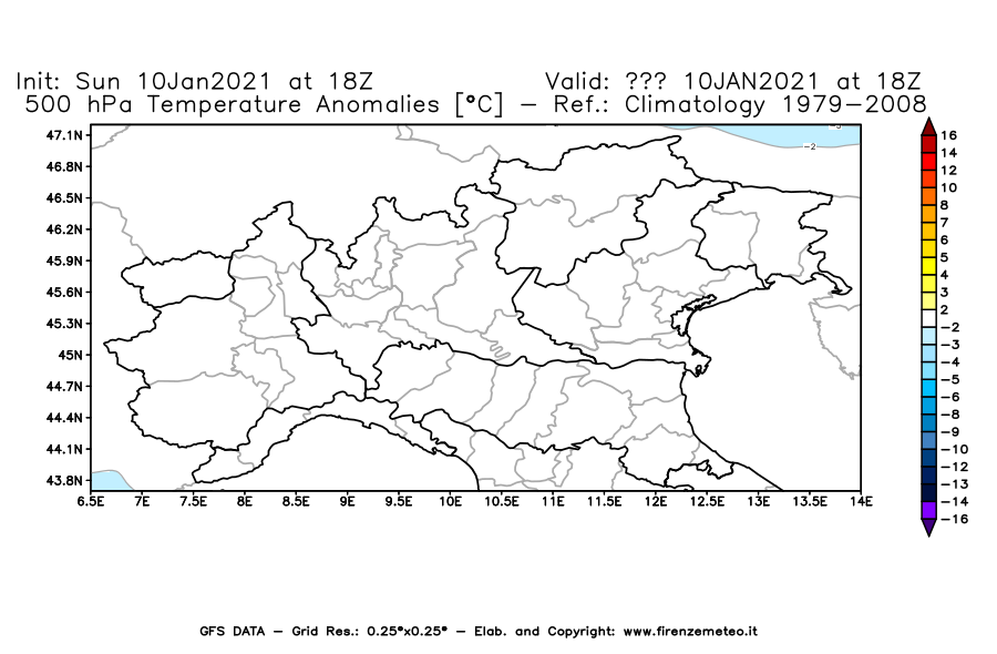 Mappa di analisi GFS - Anomalia Temperatura [°C] a 500 hPa in Nord-Italia
									del 10/01/2021 18 <!--googleoff: index-->UTC<!--googleon: index-->