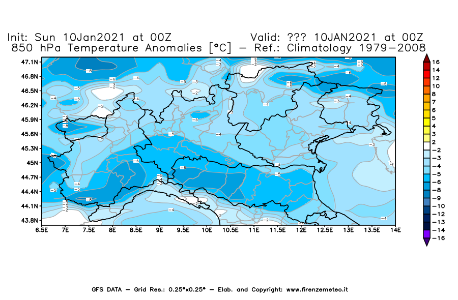 Mappa di analisi GFS - Anomalia Temperatura [°C] a 850 hPa in Nord-Italia
									del 10/01/2021 00 <!--googleoff: index-->UTC<!--googleon: index-->