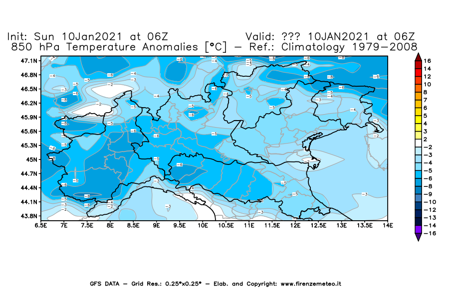 Mappa di analisi GFS - Anomalia Temperatura [°C] a 850 hPa in Nord-Italia
							del 10/01/2021 06 <!--googleoff: index-->UTC<!--googleon: index-->