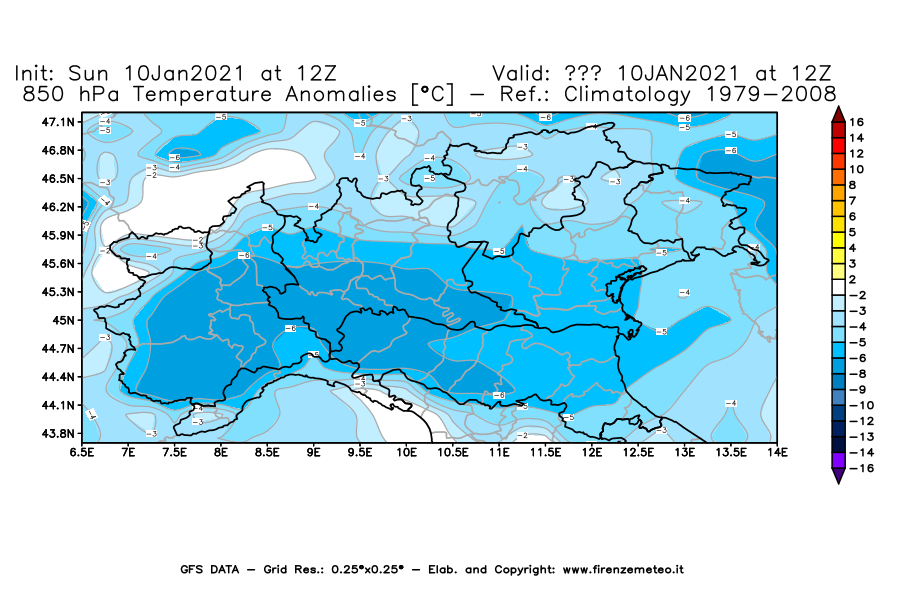 Mappa di analisi GFS - Anomalia Temperatura [°C] a 850 hPa in Nord-Italia
							del 10/01/2021 12 <!--googleoff: index-->UTC<!--googleon: index-->