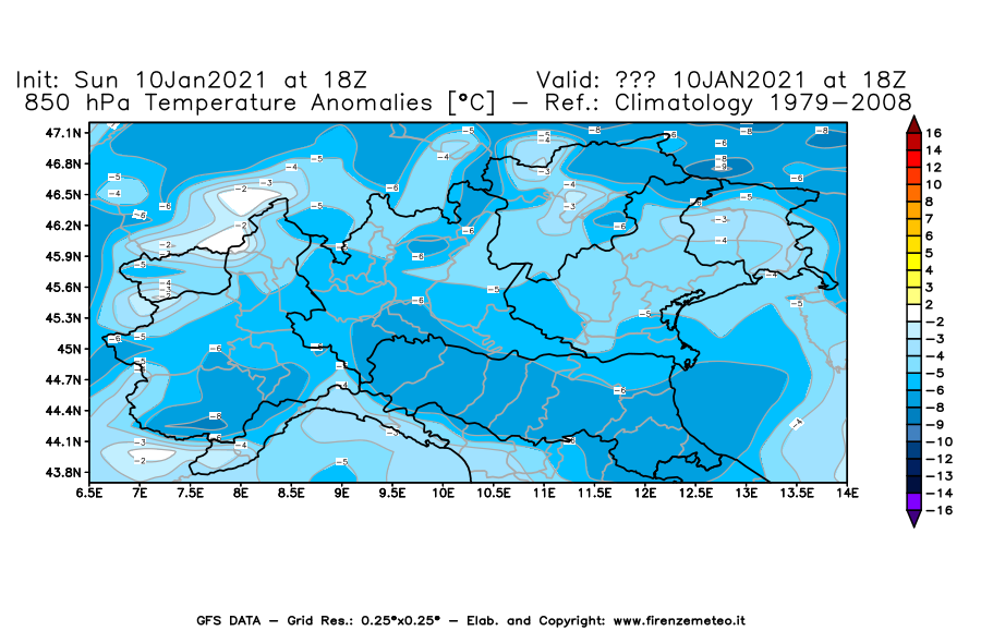 Mappa di analisi GFS - Anomalia Temperatura [°C] a 850 hPa in Nord-Italia
									del 10/01/2021 18 <!--googleoff: index-->UTC<!--googleon: index-->