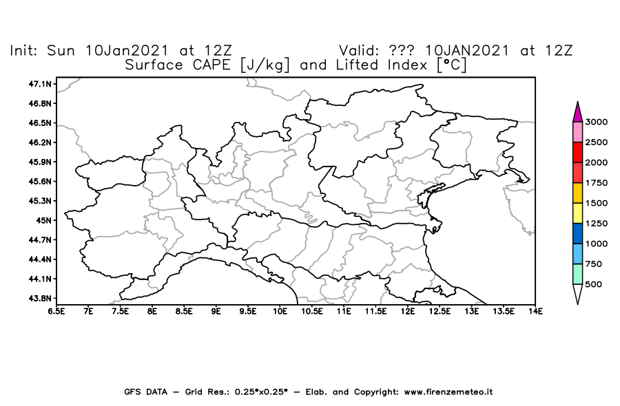 Mappa di analisi GFS - CAPE [J/kg] e Lifted Index [°C] in Nord-Italia
							del 10/01/2021 12 <!--googleoff: index-->UTC<!--googleon: index-->