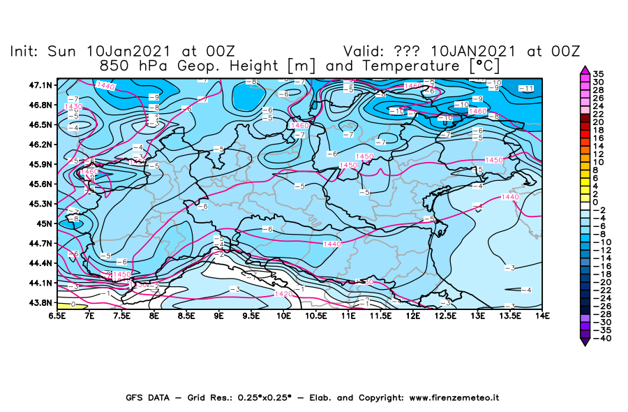 Mappa di analisi GFS - Geopotenziale [m] e Temperatura [°C] a 850 hPa in Nord-Italia
							del 10/01/2021 00 <!--googleoff: index-->UTC<!--googleon: index-->