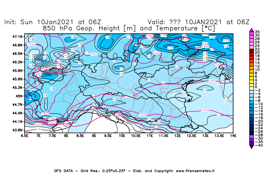 Mappa di analisi GFS - Geopotenziale [m] e Temperatura [°C] a 850 hPa in Nord-Italia
							del 10/01/2021 06 <!--googleoff: index-->UTC<!--googleon: index-->