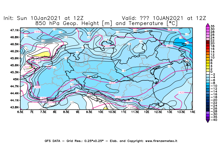 Mappa di analisi GFS - Geopotenziale [m] e Temperatura [°C] a 850 hPa in Nord-Italia
							del 10/01/2021 12 <!--googleoff: index-->UTC<!--googleon: index-->