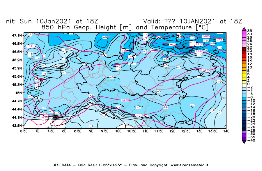 Mappa di analisi GFS - Geopotenziale [m] e Temperatura [°C] a 850 hPa in Nord-Italia
									del 10/01/2021 18 <!--googleoff: index-->UTC<!--googleon: index-->
