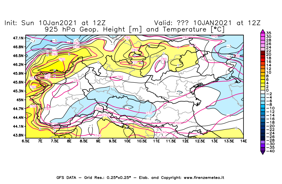 Mappa di analisi GFS - Geopotenziale [m] e Temperatura [°C] a 925 hPa in Nord-Italia
							del 10/01/2021 12 <!--googleoff: index-->UTC<!--googleon: index-->