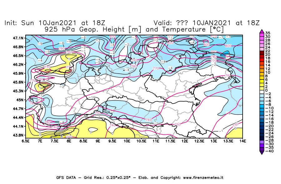 Mappa di analisi GFS - Geopotenziale [m] e Temperatura [°C] a 925 hPa in Nord-Italia
									del 10/01/2021 18 <!--googleoff: index-->UTC<!--googleon: index-->