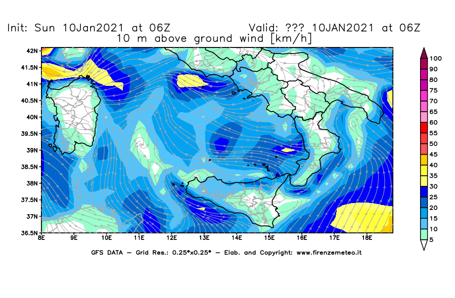 Mappa di analisi GFS - Velocità del vento a 10 metri dal suolo [km/h] in Sud-Italia
									del 10/01/2021 06 <!--googleoff: index-->UTC<!--googleon: index-->