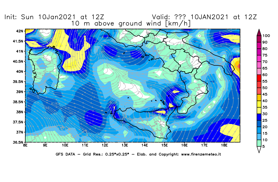 Mappa di analisi GFS - Velocità del vento a 10 metri dal suolo [km/h] in Sud-Italia
							del 10/01/2021 12 <!--googleoff: index-->UTC<!--googleon: index-->
