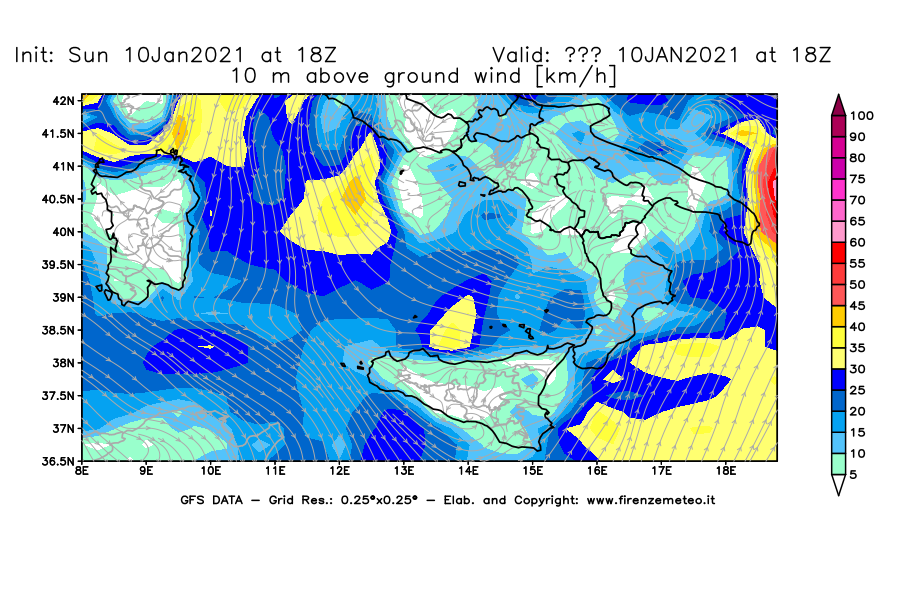 Mappa di analisi GFS - Velocità del vento a 10 metri dal suolo [km/h] in Sud-Italia
									del 10/01/2021 18 <!--googleoff: index-->UTC<!--googleon: index-->