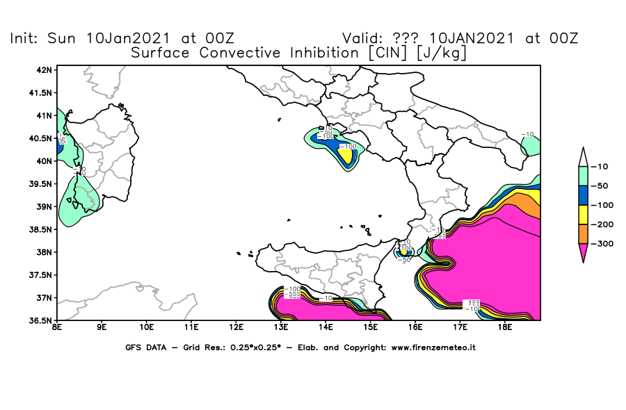 Mappa di analisi GFS - CIN [J/kg] in Sud-Italia
							del 10/01/2021 00 <!--googleoff: index-->UTC<!--googleon: index-->