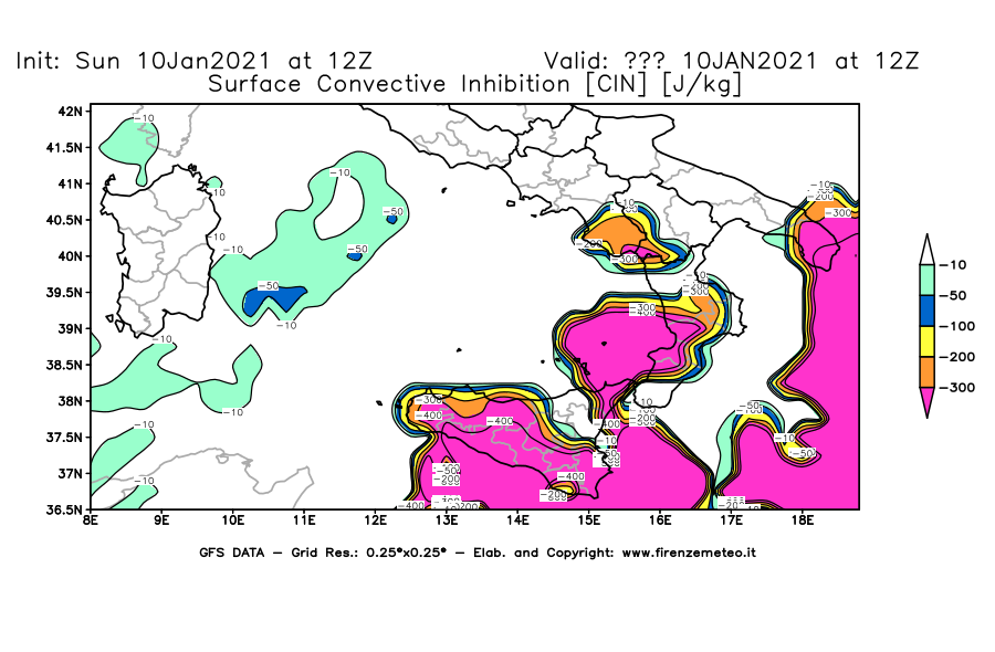 Mappa di analisi GFS - CIN [J/kg] in Sud-Italia
							del 10/01/2021 12 <!--googleoff: index-->UTC<!--googleon: index-->