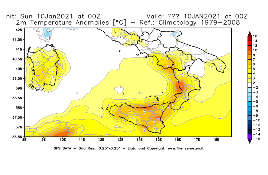 Mappa di analisi GFS - Anomalia Temperatura [°C] a 2 m in Sud-Italia
							del 10/01/2021 00 <!--googleoff: index-->UTC<!--googleon: index-->