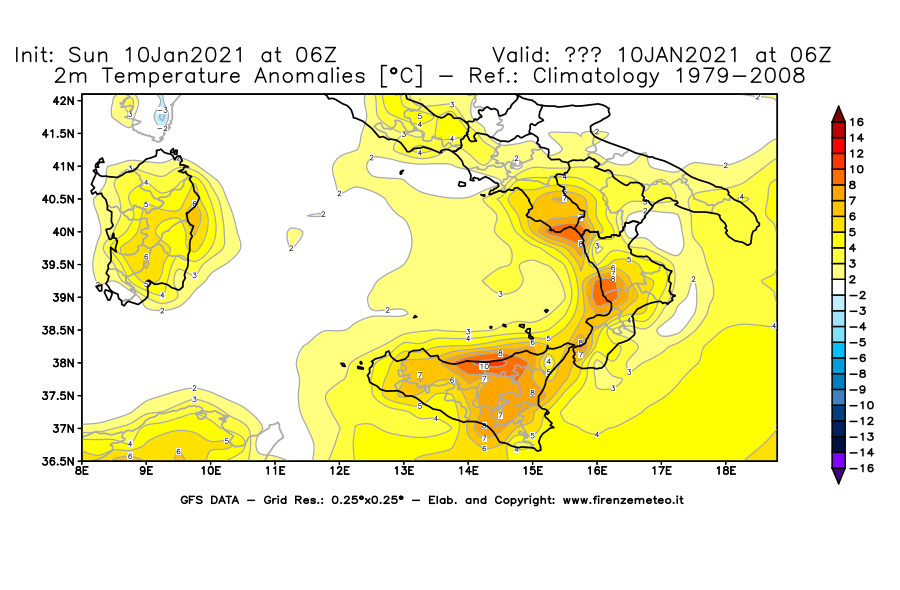 Mappa di analisi GFS - Anomalia Temperatura [°C] a 2 m in Sud-Italia
									del 10/01/2021 06 <!--googleoff: index-->UTC<!--googleon: index-->