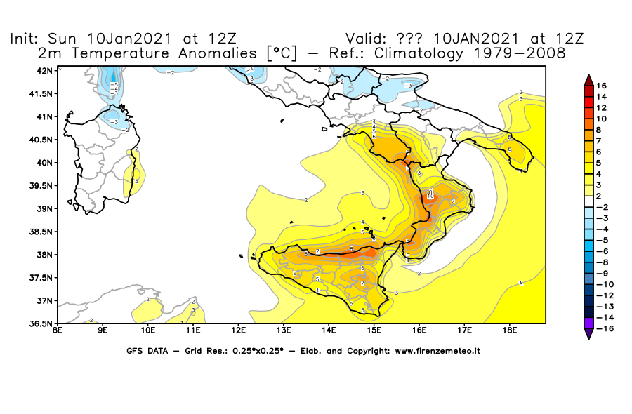 Mappa di analisi GFS - Anomalia Temperatura [°C] a 2 m in Sud-Italia
							del 10/01/2021 12 <!--googleoff: index-->UTC<!--googleon: index-->