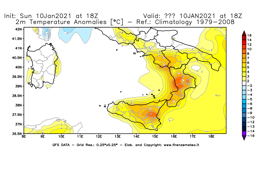 Mappa di analisi GFS - Anomalia Temperatura [°C] a 2 m in Sud-Italia
									del 10/01/2021 18 <!--googleoff: index-->UTC<!--googleon: index-->