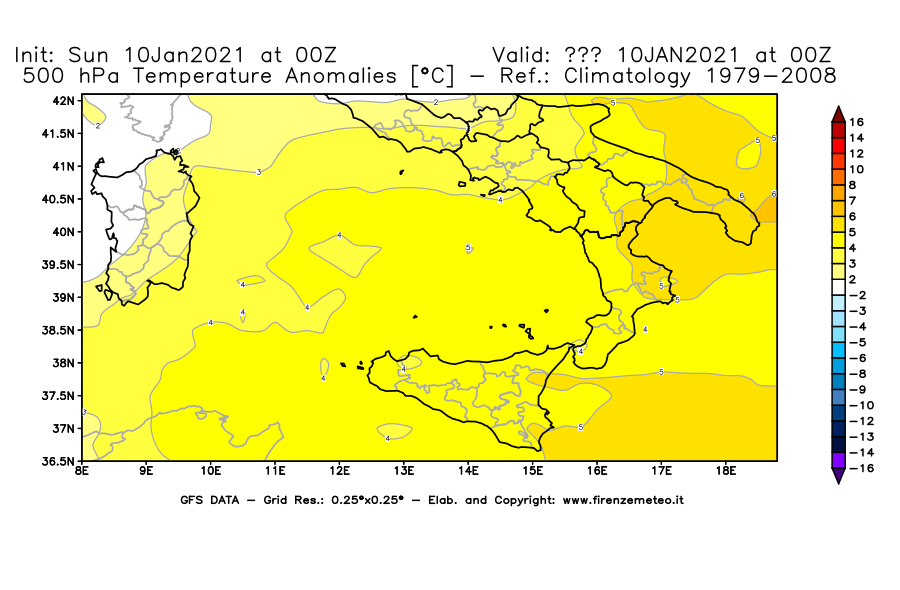 Mappa di analisi GFS - Anomalia Temperatura [°C] a 500 hPa in Sud-Italia
							del 10/01/2021 00 <!--googleoff: index-->UTC<!--googleon: index-->
